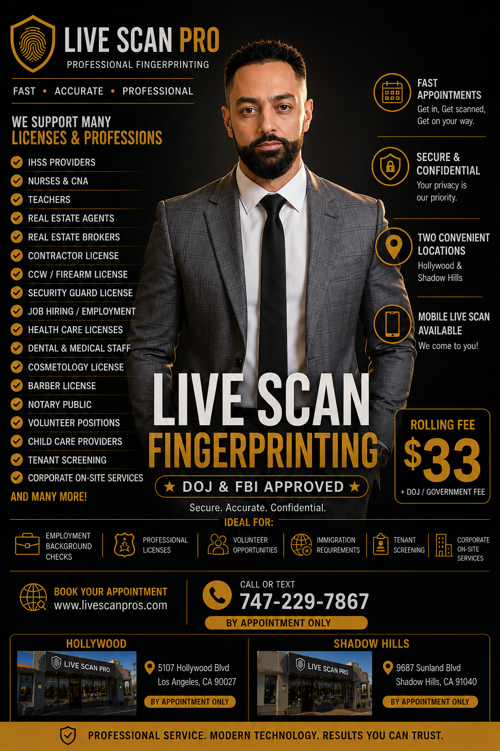 Live Scan Pro — $33 rolling fee, Hollywood and Shadow Hills offices, DOJ & FBI Approved, book online at livescanpros.com or call 747-229-7867
