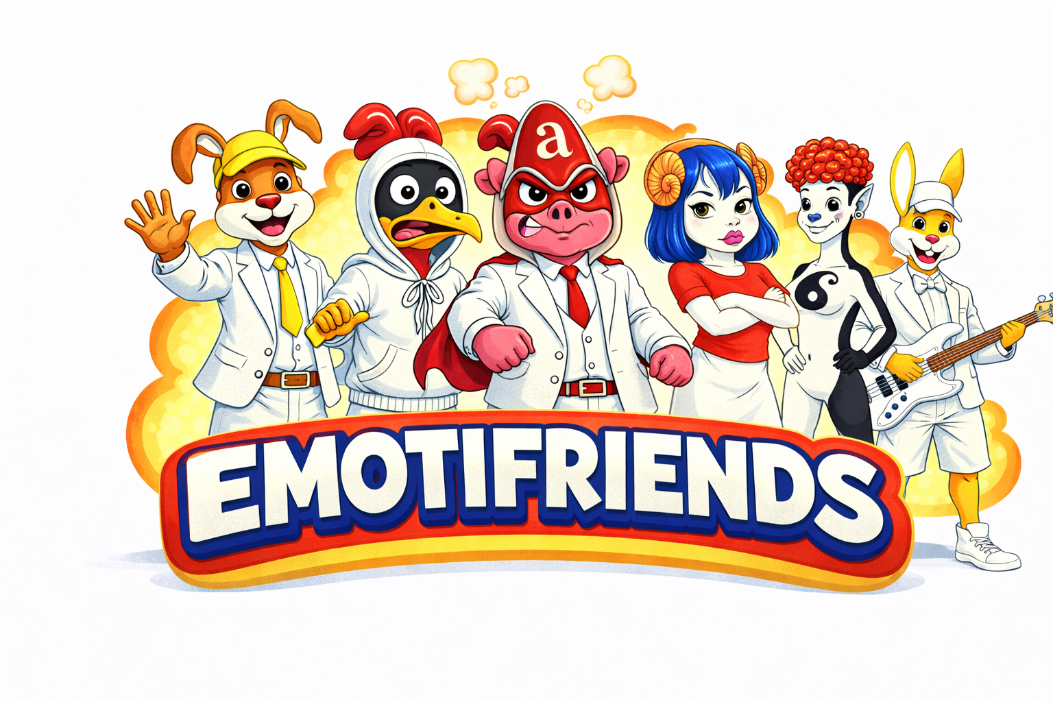 EmotiFriends characters - Benny, Coop, Angus, Luna, Zen, and Rocco