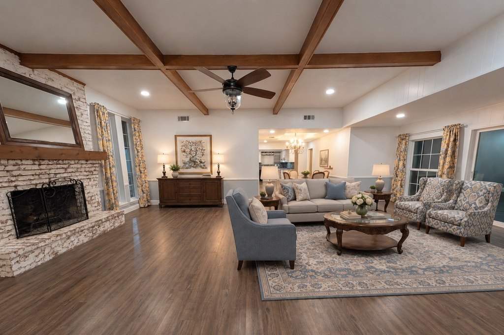 Living room with fireplace and open layout