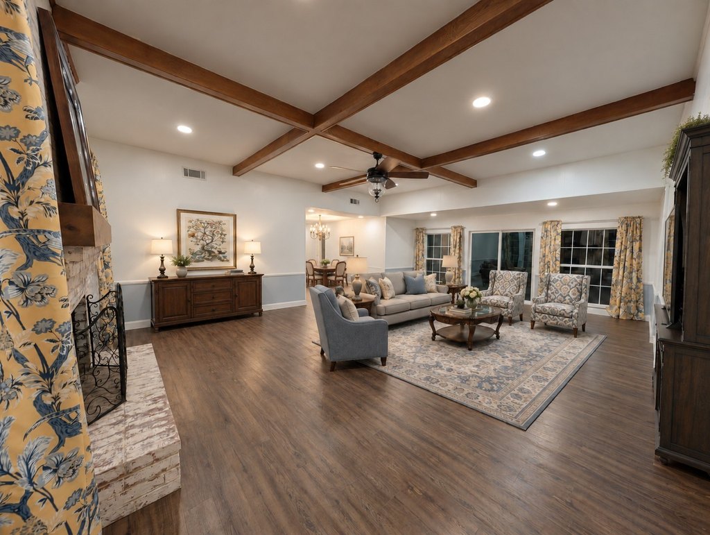 Living room open to dining area