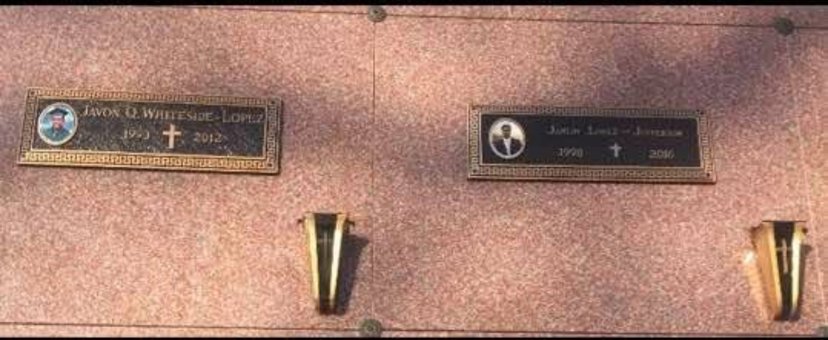 Memorial plaques for Javon Quezaire Whiteside-Lopez and Jahlin Lopez-Jefferson — side by side, forever honored
