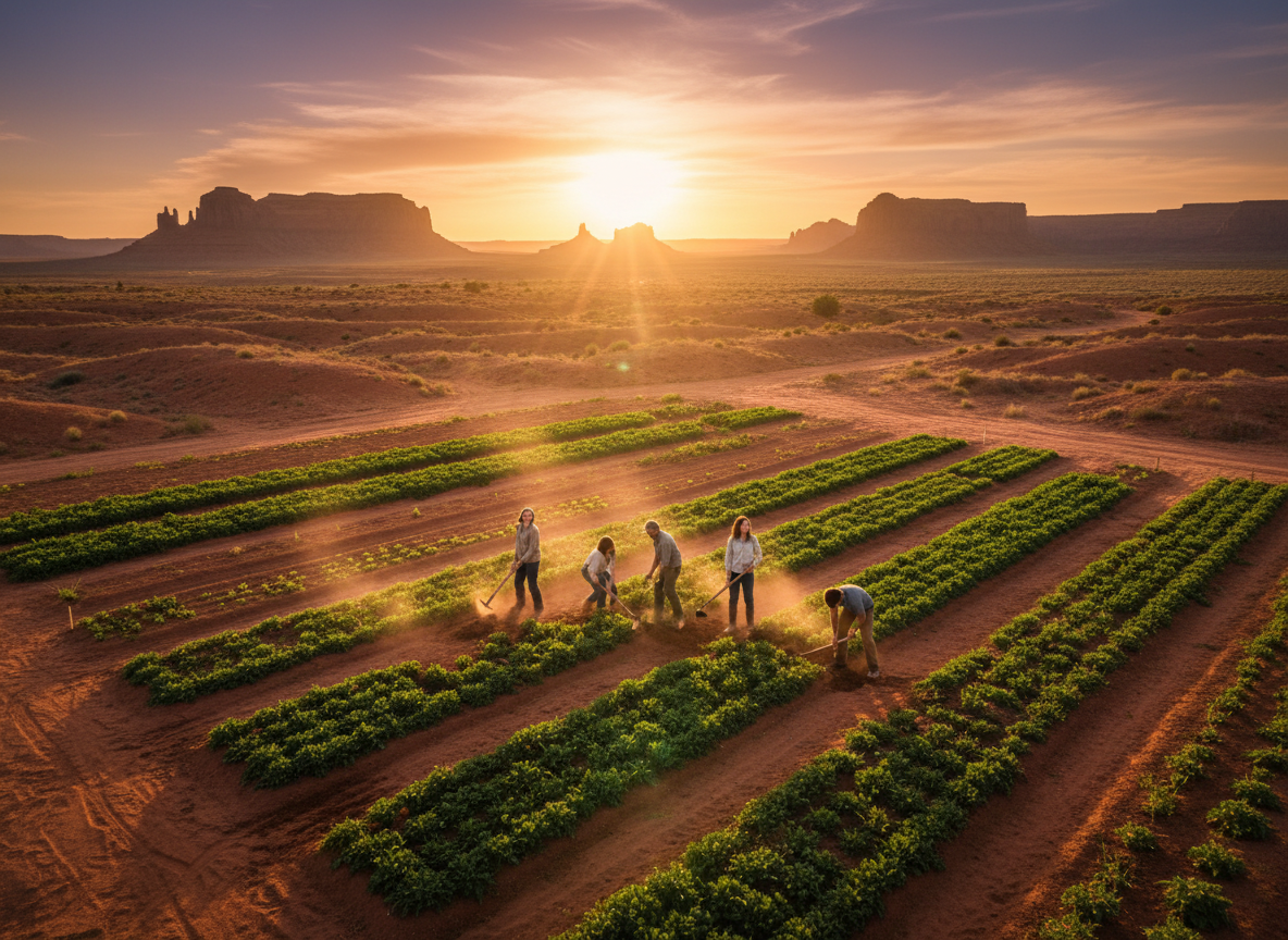 Family working together on the farm at golden hour