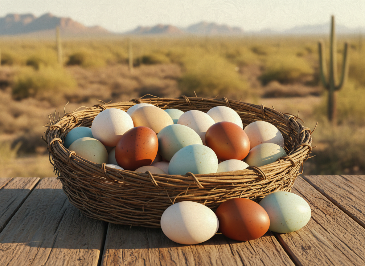 Heritage breed farm eggs in white, brown, blue, and green colors in a rustic woven basket