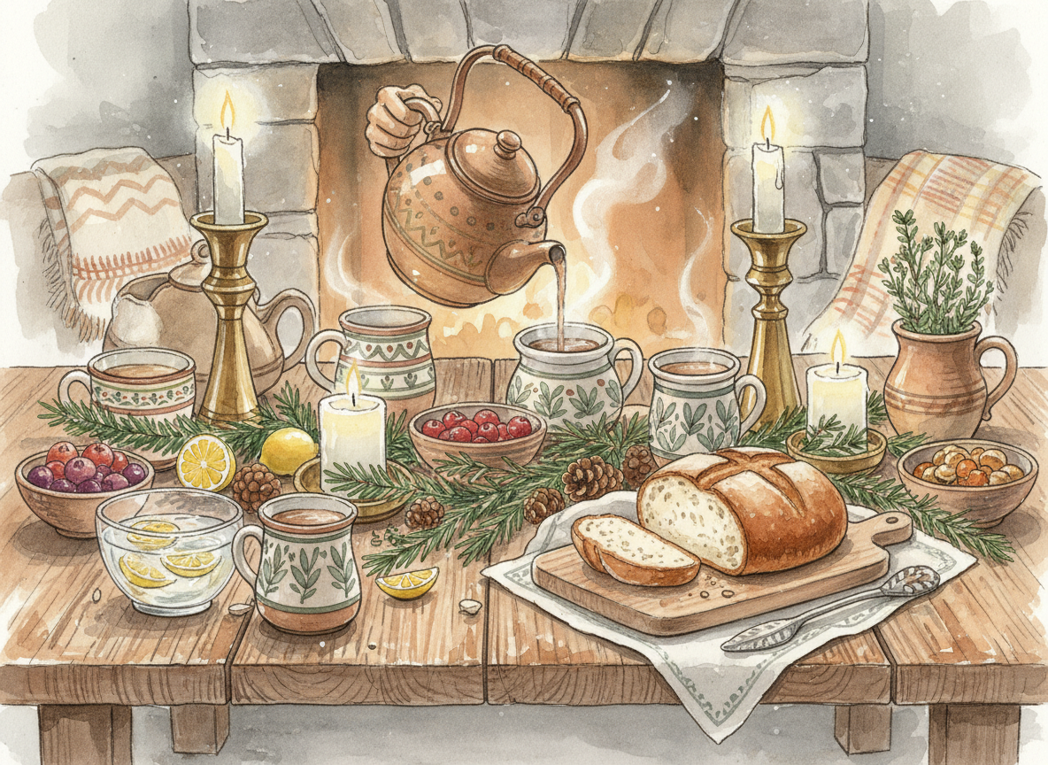 Watercolor illustration of a cozy winter feast table with a copper kettle pouring tea, fresh bread, candles, cranberries, and evergreen sprigs by a stone fireplace