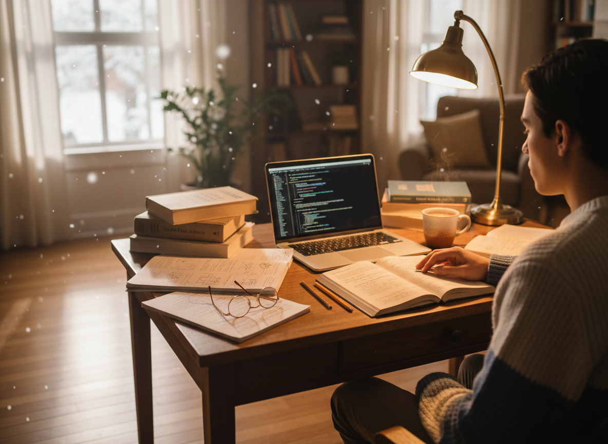 Cozy high school study scene with winter light