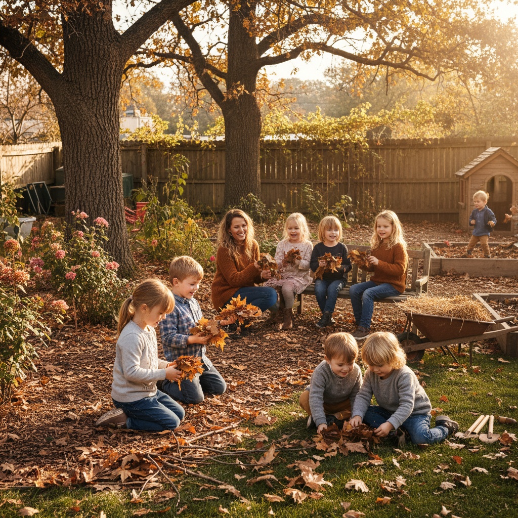 Preschool children exploring and playing in an outdoor garden in early fall, picking colorful leaves, looking at acorns, and playing together on a sunny September day.