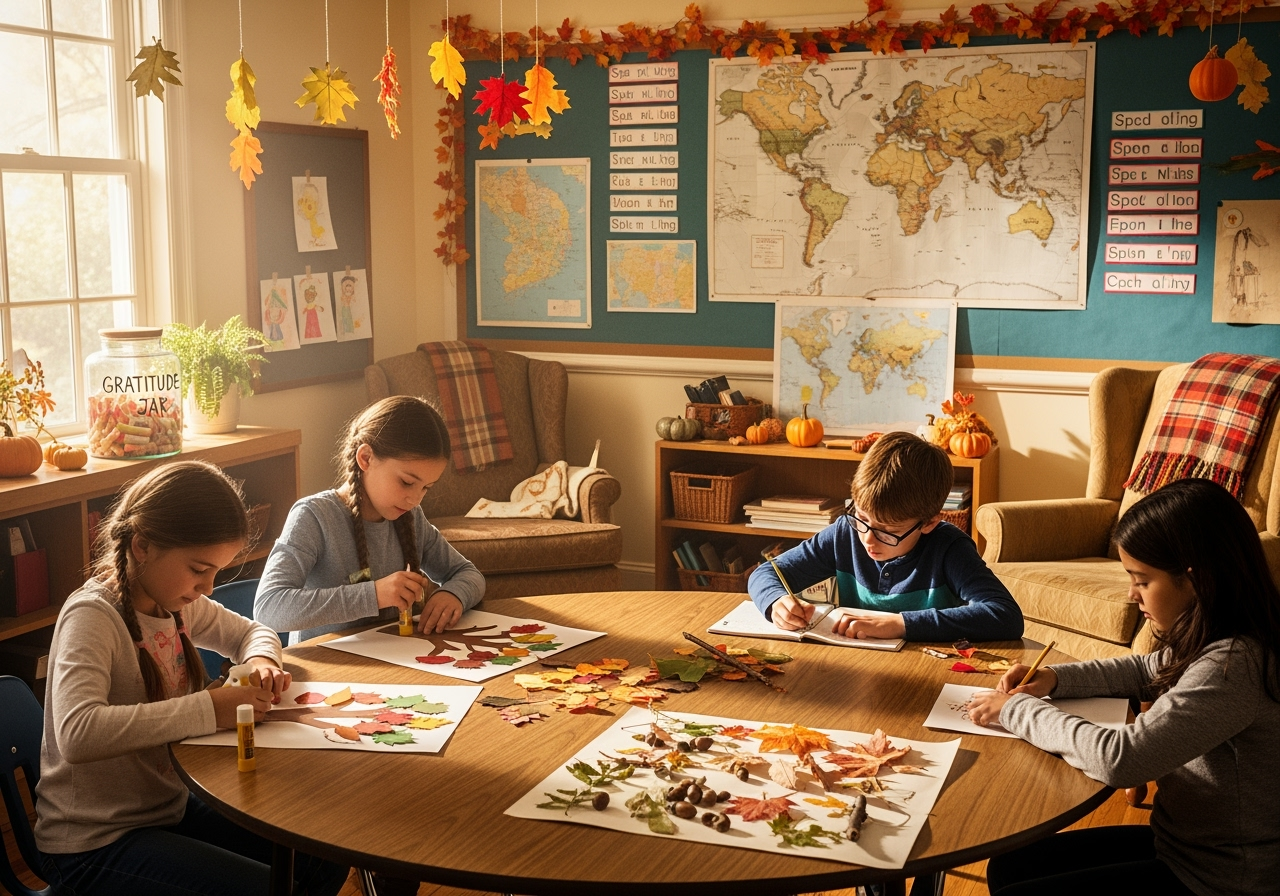 Fifth graders working together on fall crafts and gratitude journals in a cozy, autumn-themed classroom.