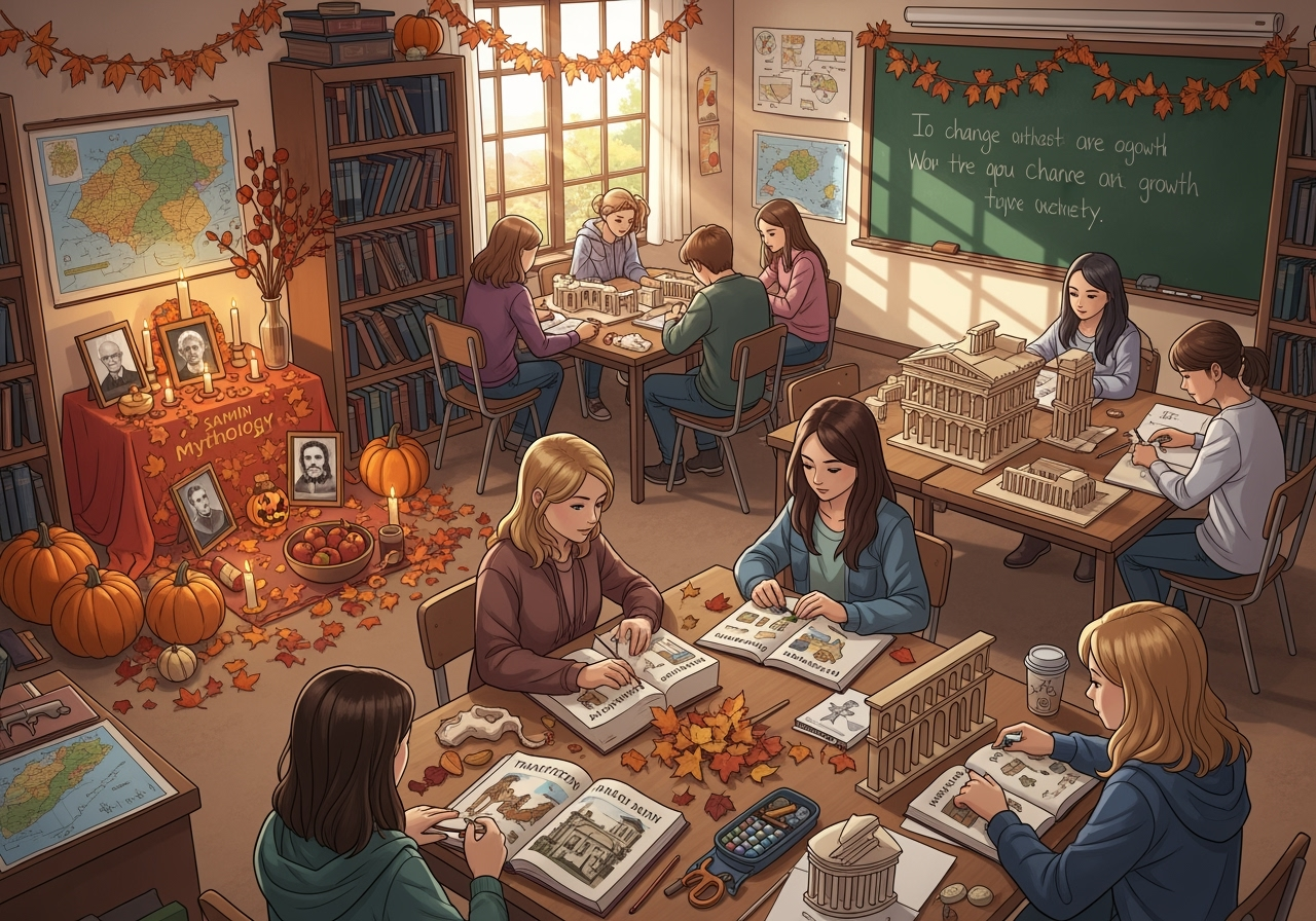 8th grade homeschoolers in a cozy, autumn classroom. Students work on transformation projects, read mythology, and build models of ancient structures. The room features pumpkins, colorful leaves, and a Samhain altar with candles and ancestor photos.