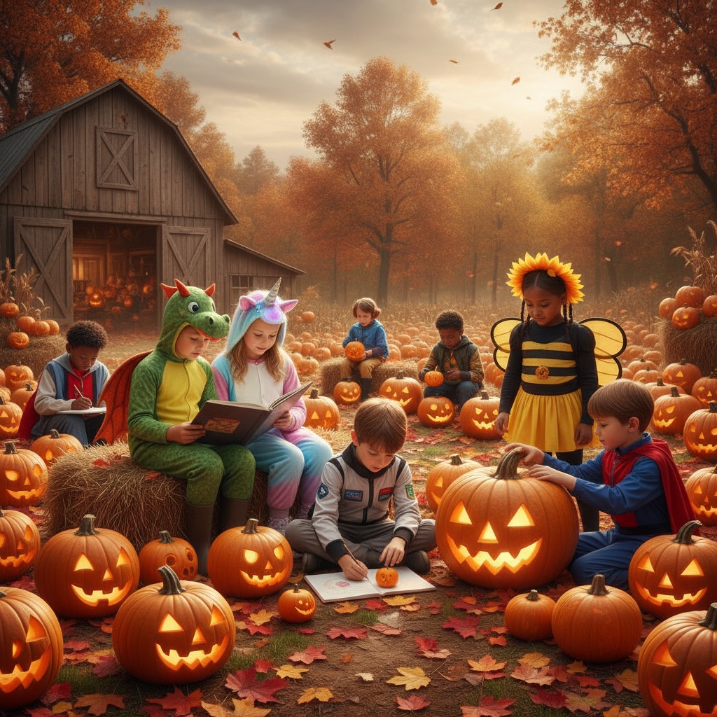 Preschool children in costumes learning and playing together in a pumpkin patch, surrounded by jack-o'-lanterns, hay bales, and autumn leaves. The scene is festive and joyful.