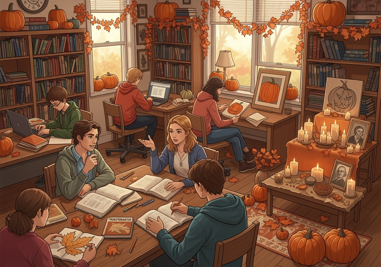 11th grade homeschoolers in a mature, autumn classroom. Students discuss transformation in literature and history, work on research projects, and create autumn art. The room features pumpkins, fall leaves, a Samhain altar, and advanced bookshelves. The vibe is studious, creative, and warmly decorated for autumn.