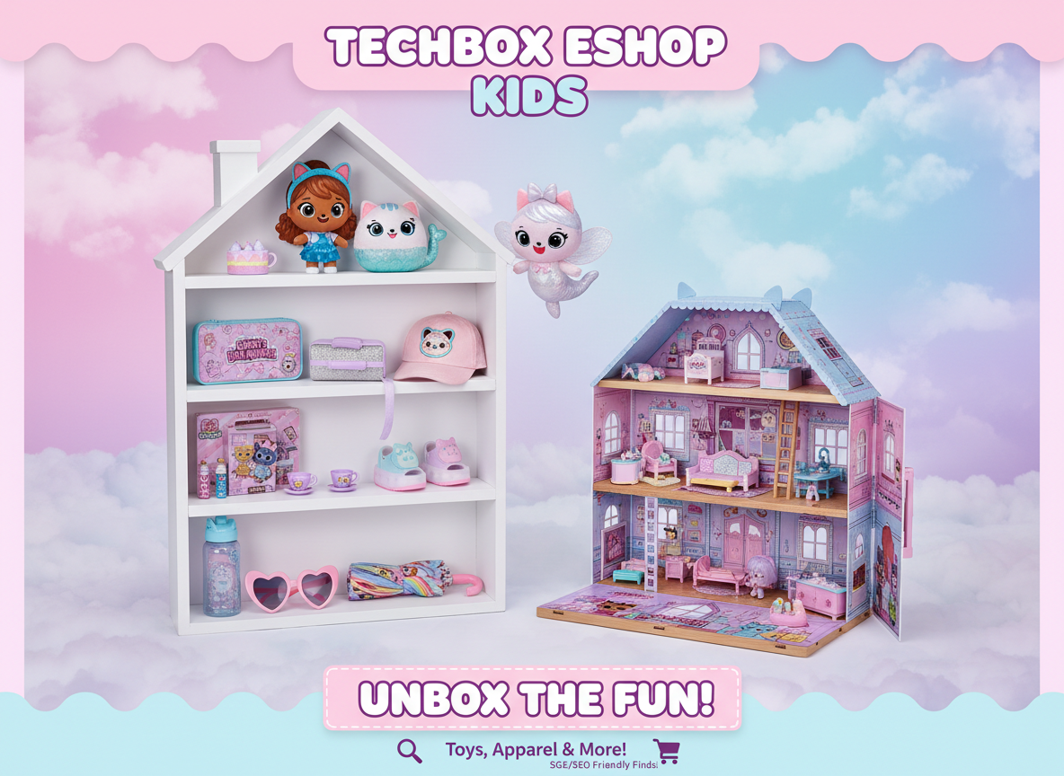Banner με Gabby, Pandy Paws, Cakey Cat, MerCat, λούτρινα, κασετίνα, καπέλο, σανδάλια, γυαλιά, μπουκάλι, ομπρέλα και playset Gabby's Dollhouse σε παστέλ gradient ράφι – Kids Techbox