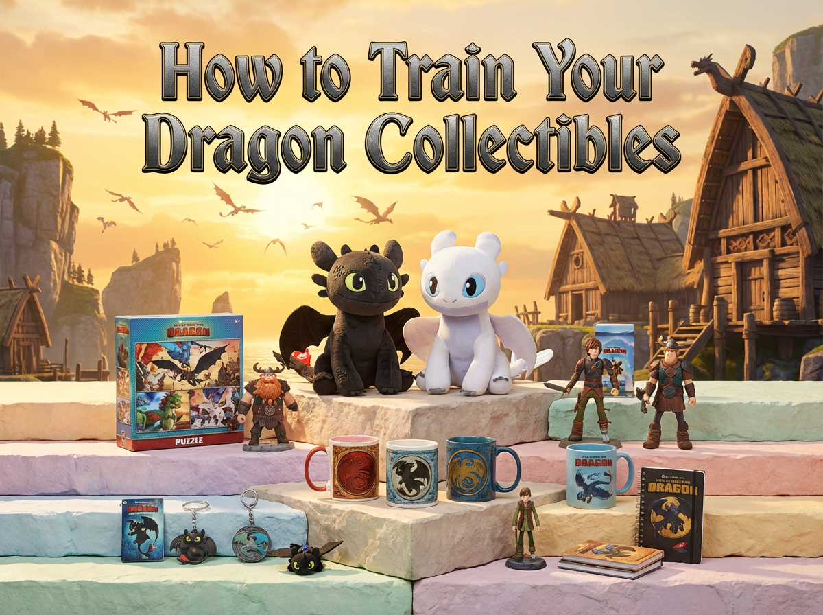 How to Train Your Dragon Collectibles banner: plush Toothless και Light Fury, φιγούρες, puzzles & αξεσουάρ σε φανταστικό σκηνικό βίκινγκ, premium Techbox eShop στυλ.
