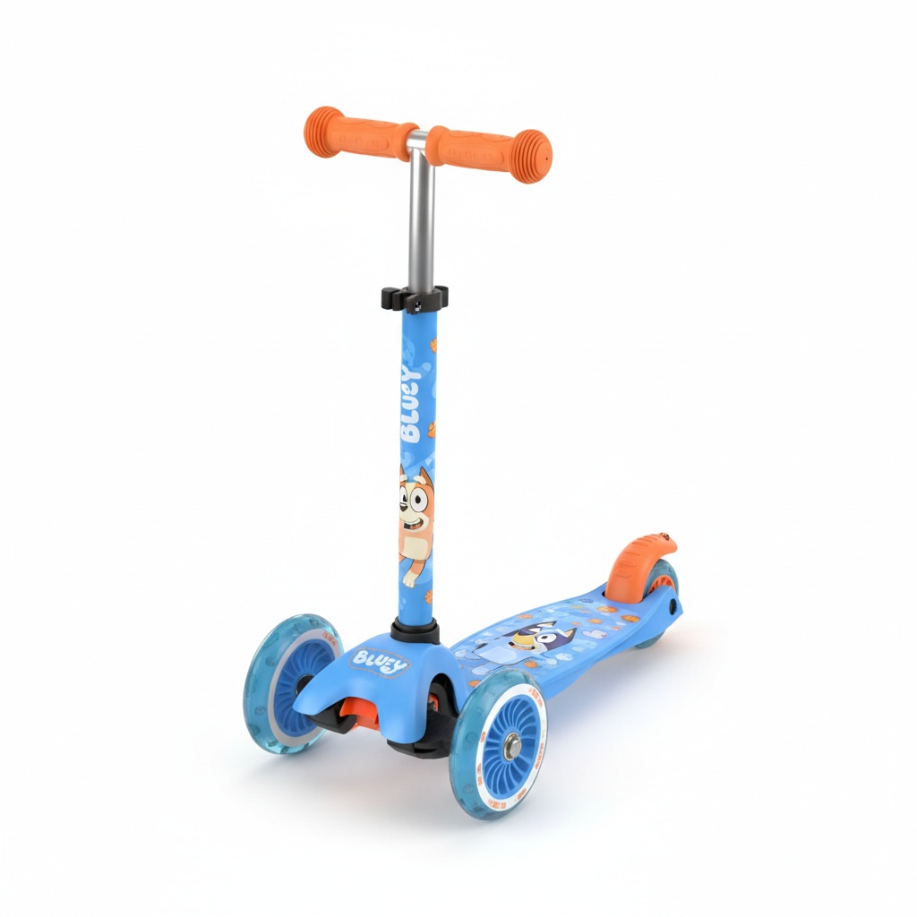Bluey-themed 3-wheel children's scooter with bright colors and cartoon graphics