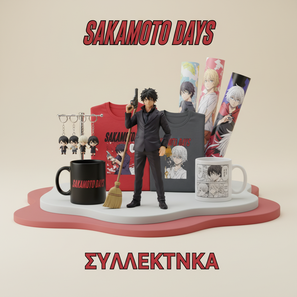 Sakamoto Days Collectibles – επίσημο λογότυπο, stacked τίτλος, φωτορεαλιστικά προϊόντα Techbox σε παστέλ φόντο, premium eShop style
