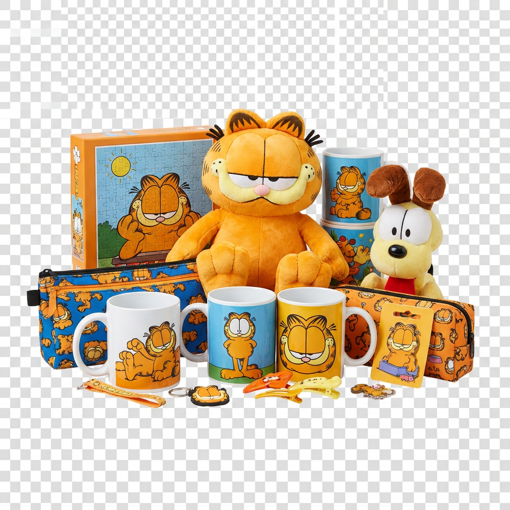 Φωτορεαλιστική ομάδα παιδικών προϊόντων Garfield: plush Garfield και Odie, φιγούρες, κούπες, puzzles, κασετίνες και αξεσουάρ σε διαφανές φόντο, premium Techbox eShop στυλ.