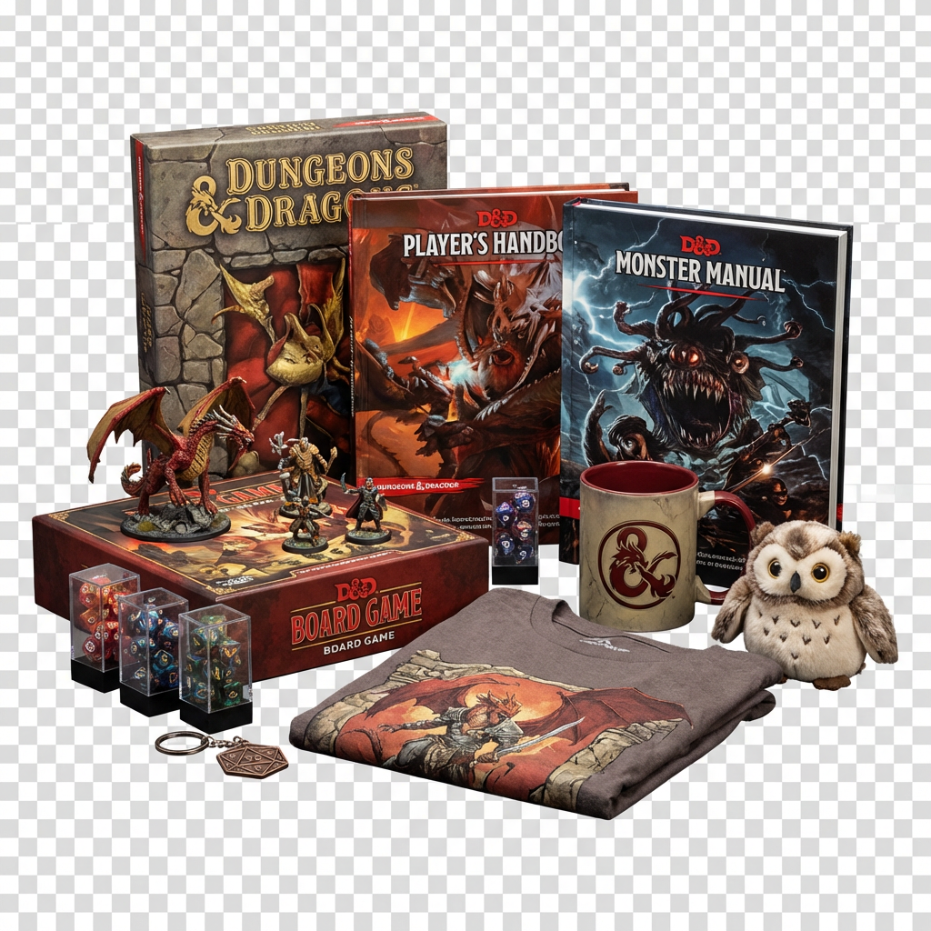Φωτορεαλιστική ομάδα προϊόντων Dungeons & Dragons: Player's Handbook, Monster Manual, dice sets, miniatures, board games, κούπα, t-shirt, μπρελόκ, plush σε διαφανές φόντο, premium Techbox eShop στυλ.