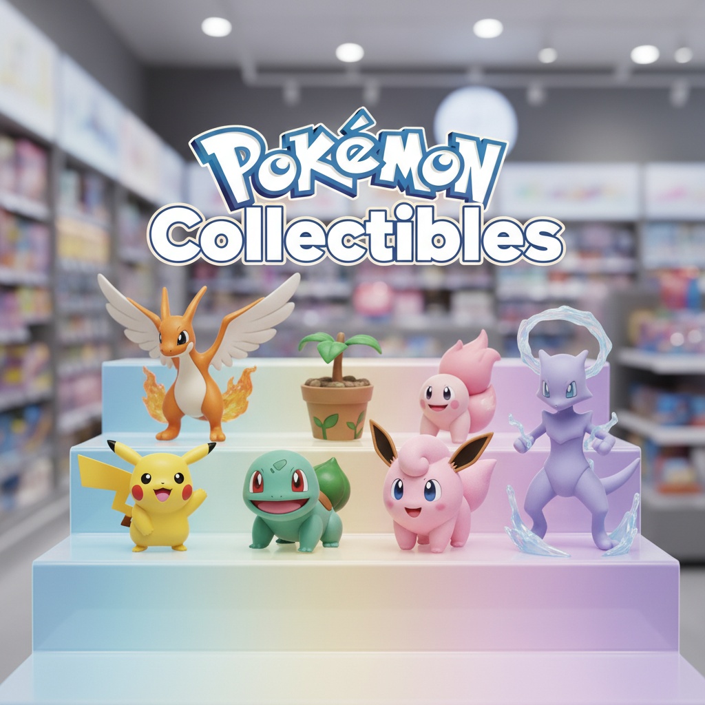 Pokémon Collectibles banner με φιγούρες Pikachu, Charizard, Bulbasaur, Squirtle, Jigglypuff, Eevee, Mewtwo σε παστέλ gradient ράφι