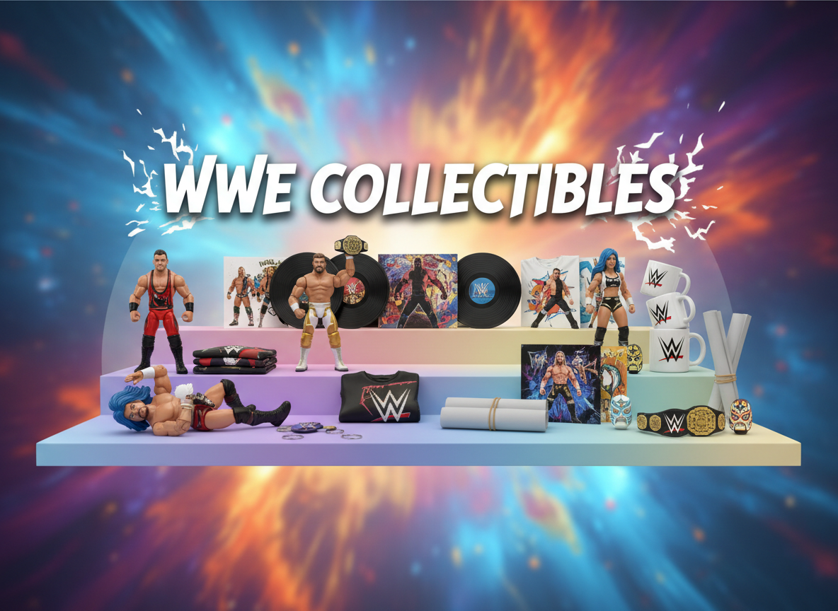 Banner με φιγούρες, μπλουζάκια, action figures, mugs και keychains WWE σε παστέλ gradient ράφι και τίτλο 'WWE Collectibles' σε δυναμικό wrestling στυλ