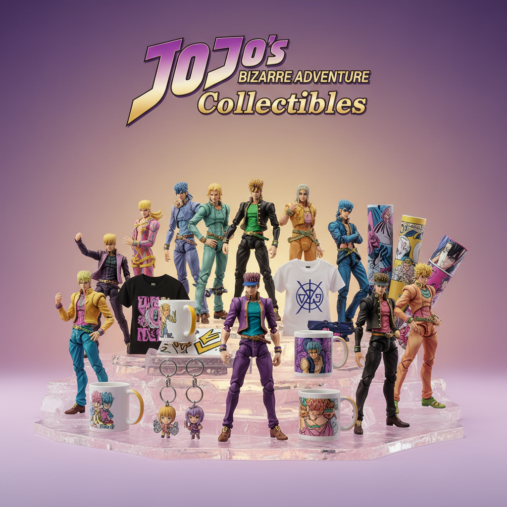 JoJo's Bizarre Adventure Collectibles – επίσημο λογότυπο, stacked τίτλος, φωτορεαλιστικά προϊόντα Techbox σε παστέλ φόντο, premium eShop style