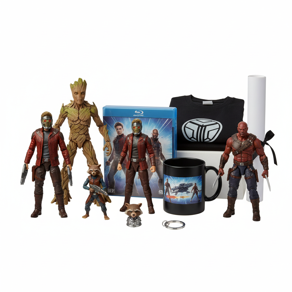 Φωτορεαλιστικό σετ Guardians of the Galaxy: φιγούρες Star-Lord, Groot, Rocket, Gamora, Drax, μπλουζάκι, κούπα, poster και μπρελόκ – όλα τακτοποιημένα σε διαφανές φόντο, σε στυλ premium eShop