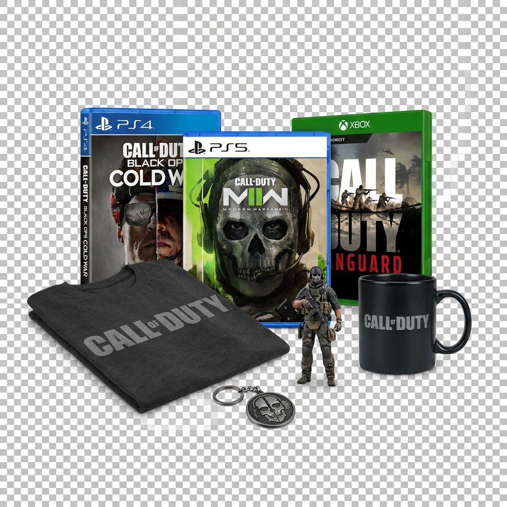 Φωτορεαλιστική ομάδα προϊόντων Call of Duty: PS5, PS4, Xbox game covers, t-shirt, κούπα, φιγούρα και μπρελόκ σε διαφανές φόντο, premium Techbox eShop στυλ.