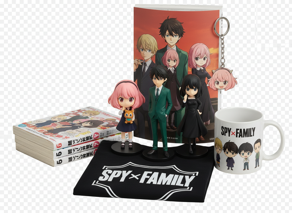 Spy X Family αυθεντικά συλλεκτικά: φιγούρες Anya, Loid, Yor, τόμοι manga, t-shirt, κούπα, αφίσα, μπρελόκ – όλα σε premium eShop διάταξη, διάφανο φόντο. Techbox Ελλάδα.
