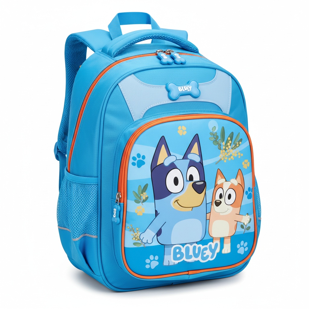 Bluey-themed school backpack with bright colors and cartoon graphics