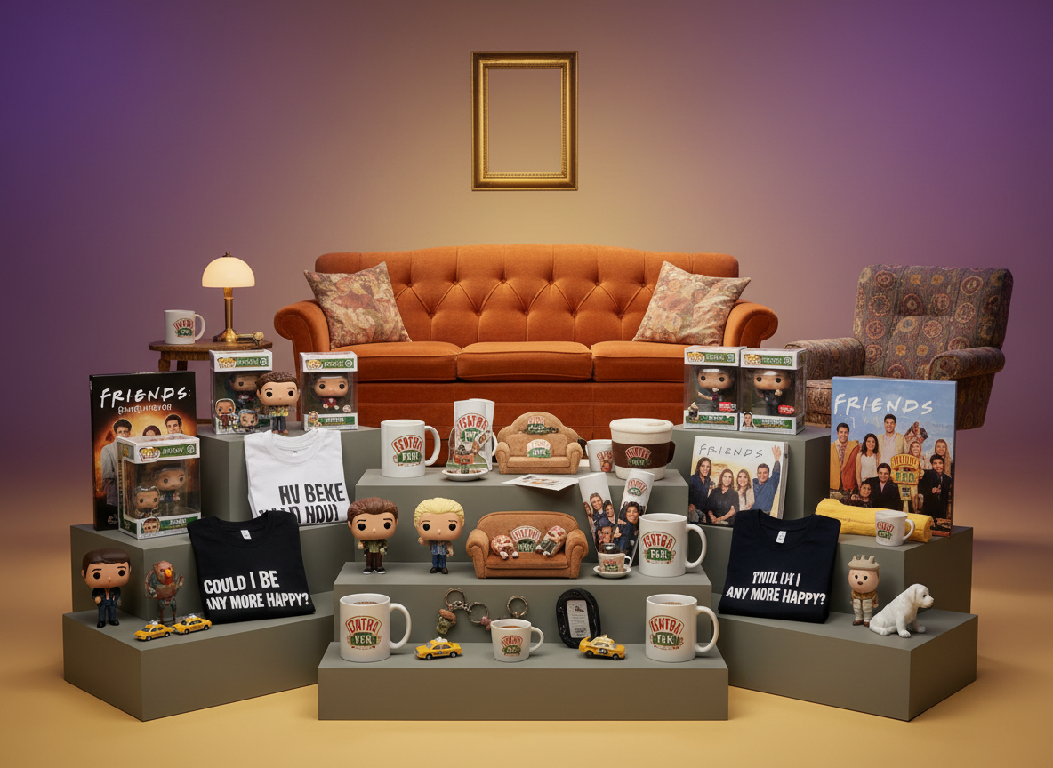 Friends συλλεκτικά – premium eShop στυλ εικόνα με προϊόντα Friends σε σκαλάκια, φόντο και χρώματα από τη σειρά, Central Perk καναπές, πλαίσιο πόρτας