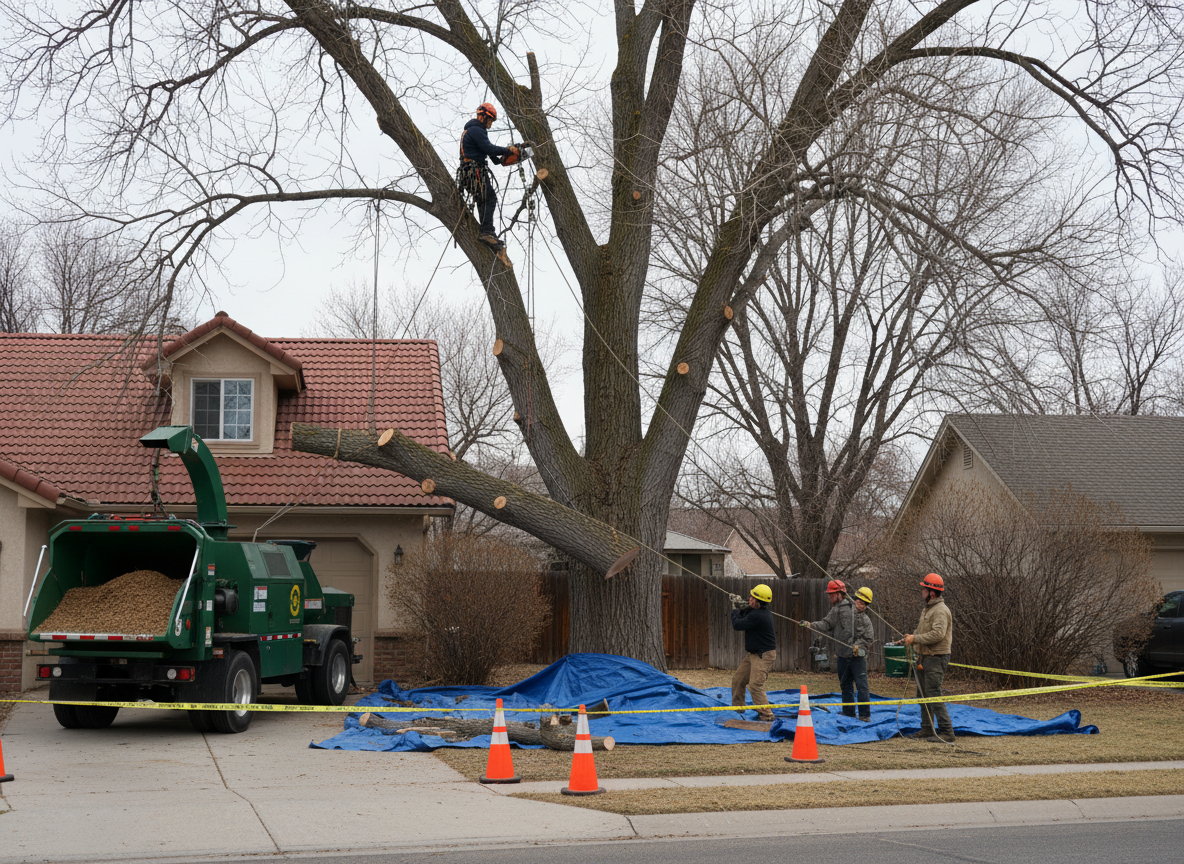 Tree Services Cost in Ogden, UT: safe rigged tree removal near a home roofline in Ogden Utah
