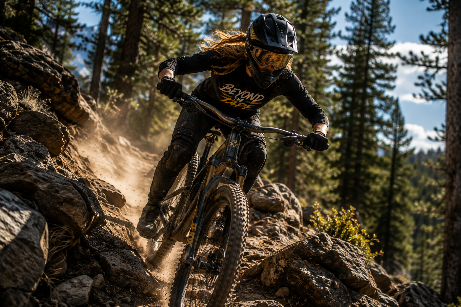 Rider charging through rocky terrain