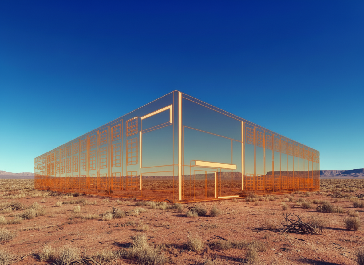 Modular building outline in West Texas landscape, Kaizen Mate branded.