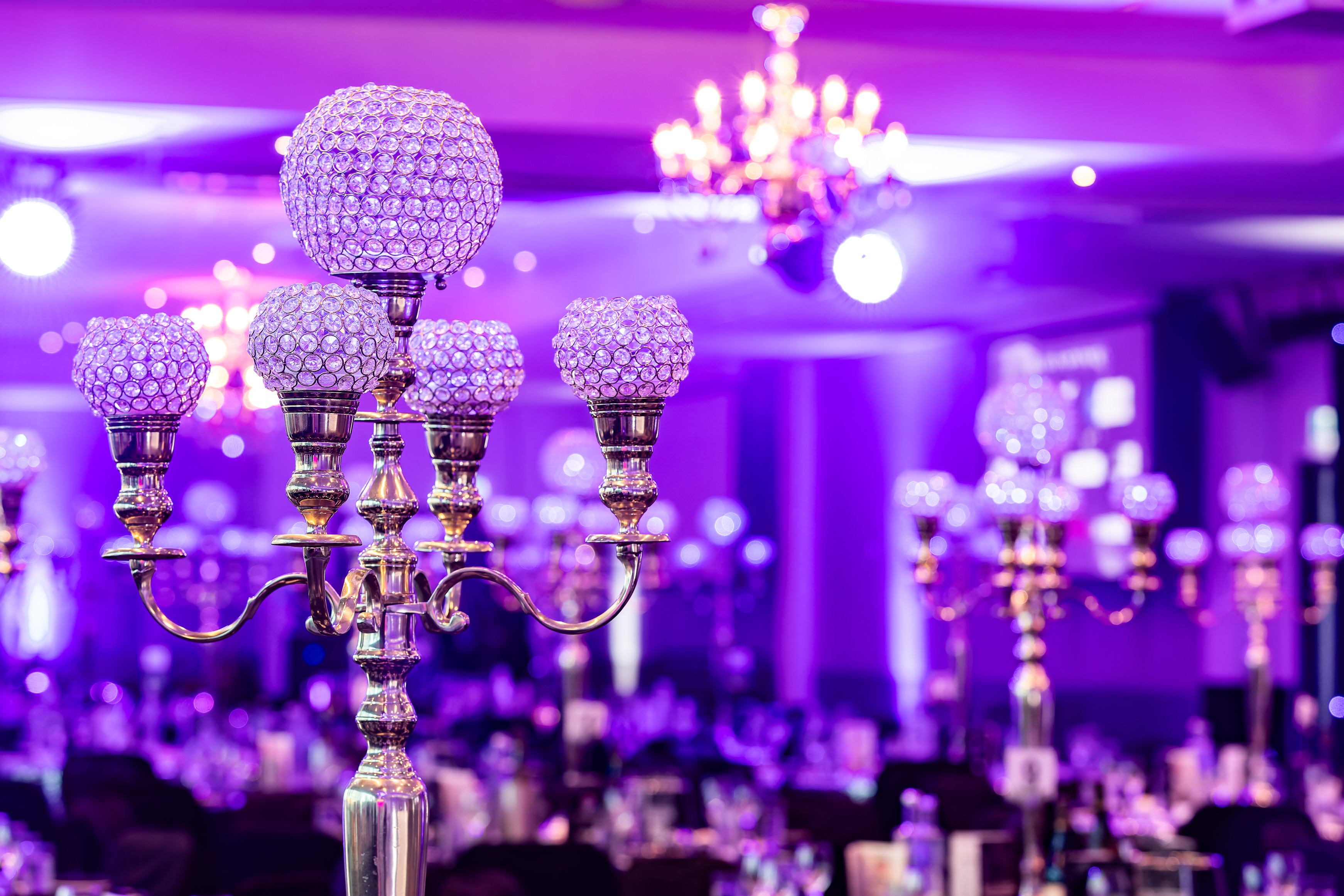 Crystal centrepiece and purple lighting at the Gala