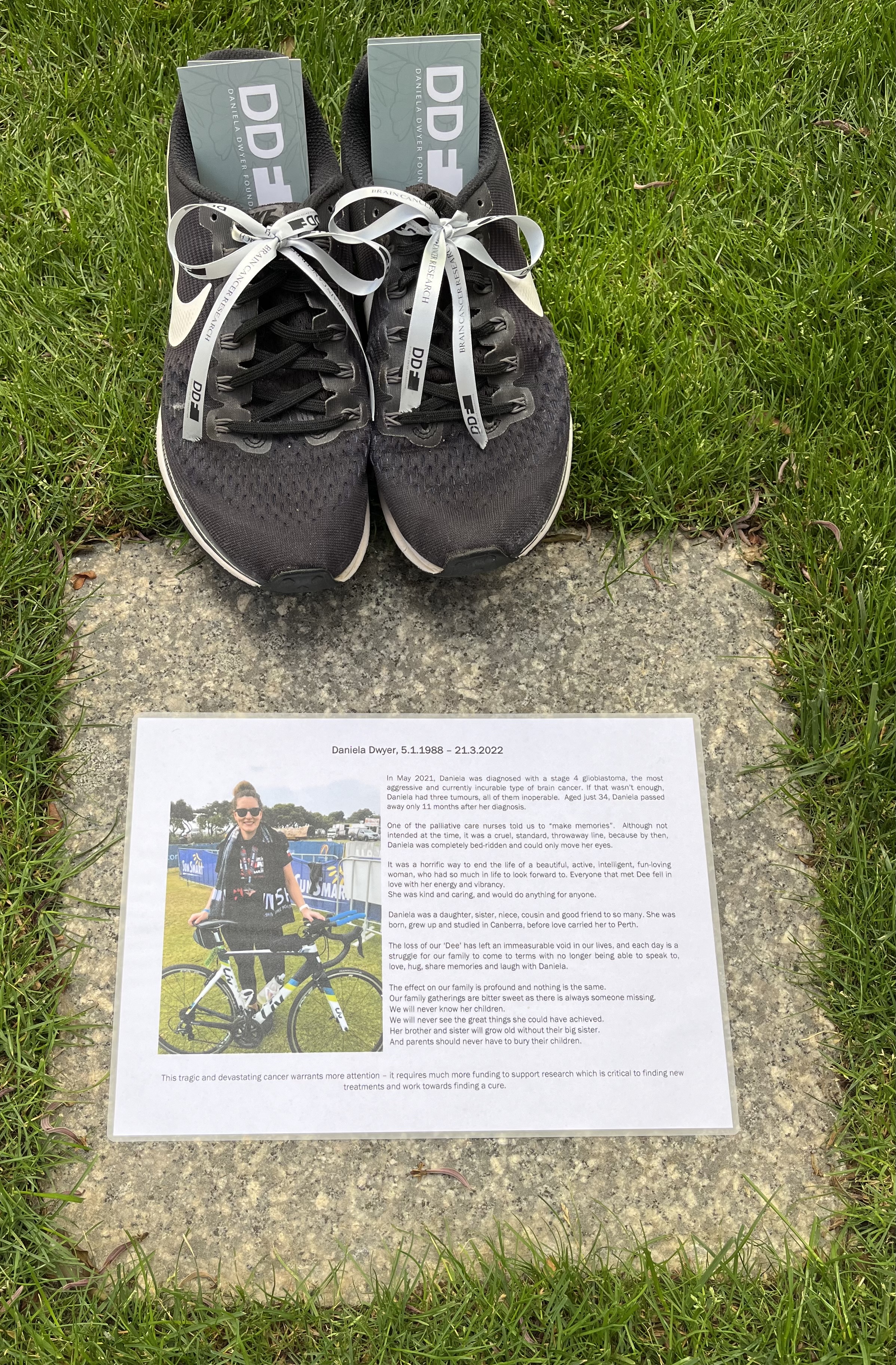 DDF branded running shoes and tribute card for Daniela Dwyer at Head to the Hill 2026