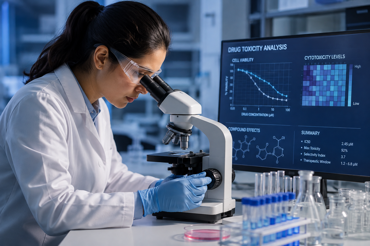 Researcher conducting drug toxicity analysis with microscope in laboratory