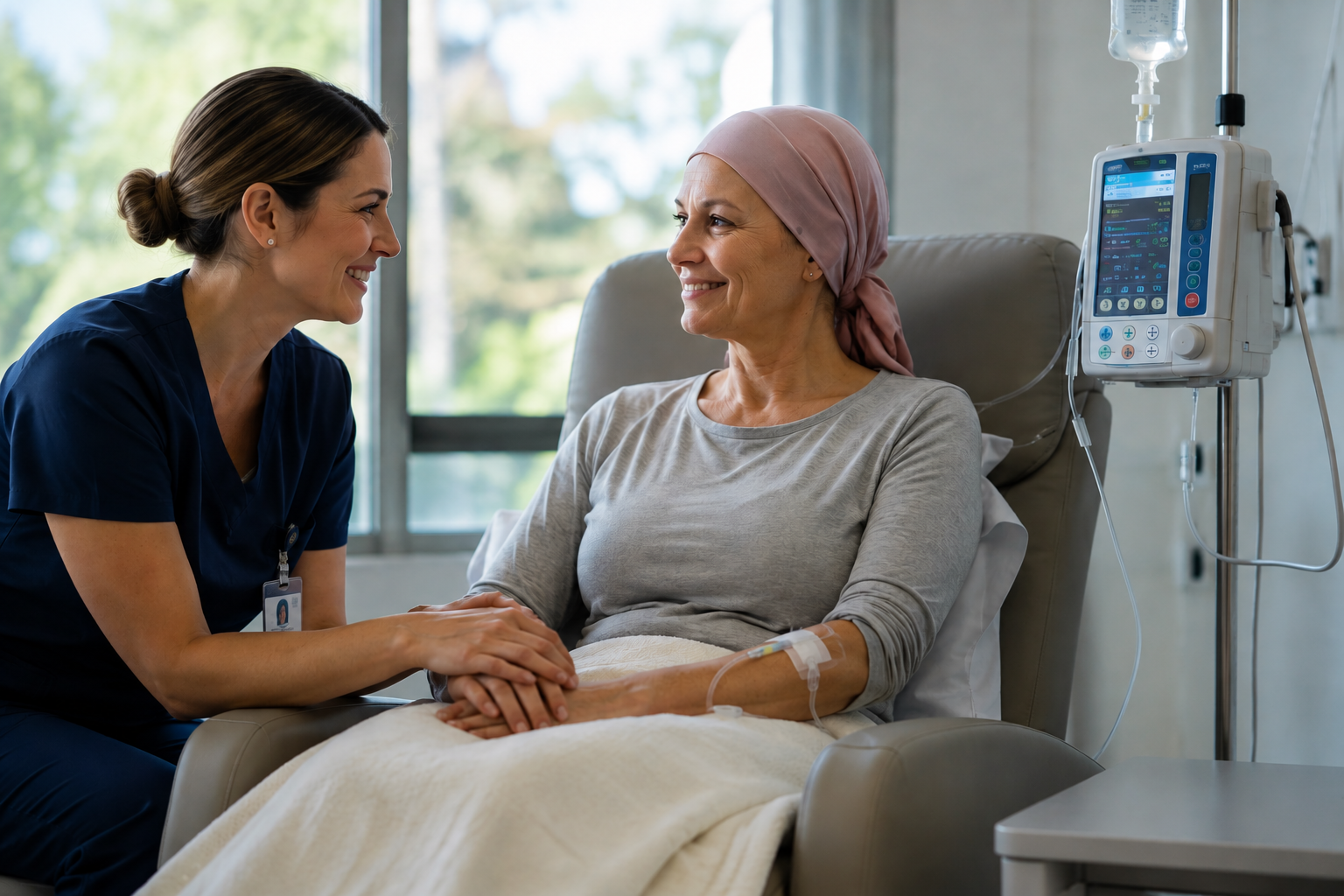 Nurse comforting a cancer patient during treatment