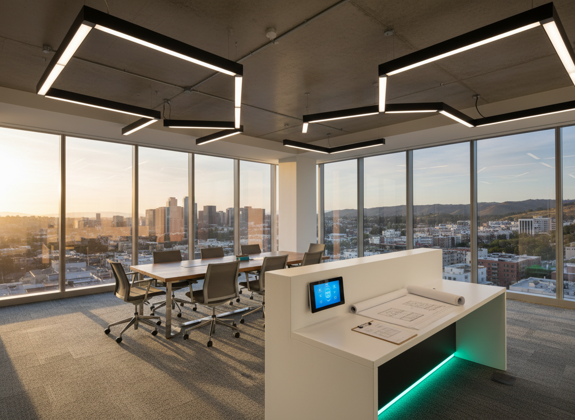 California commercial building with solar panels and smart lighting controls