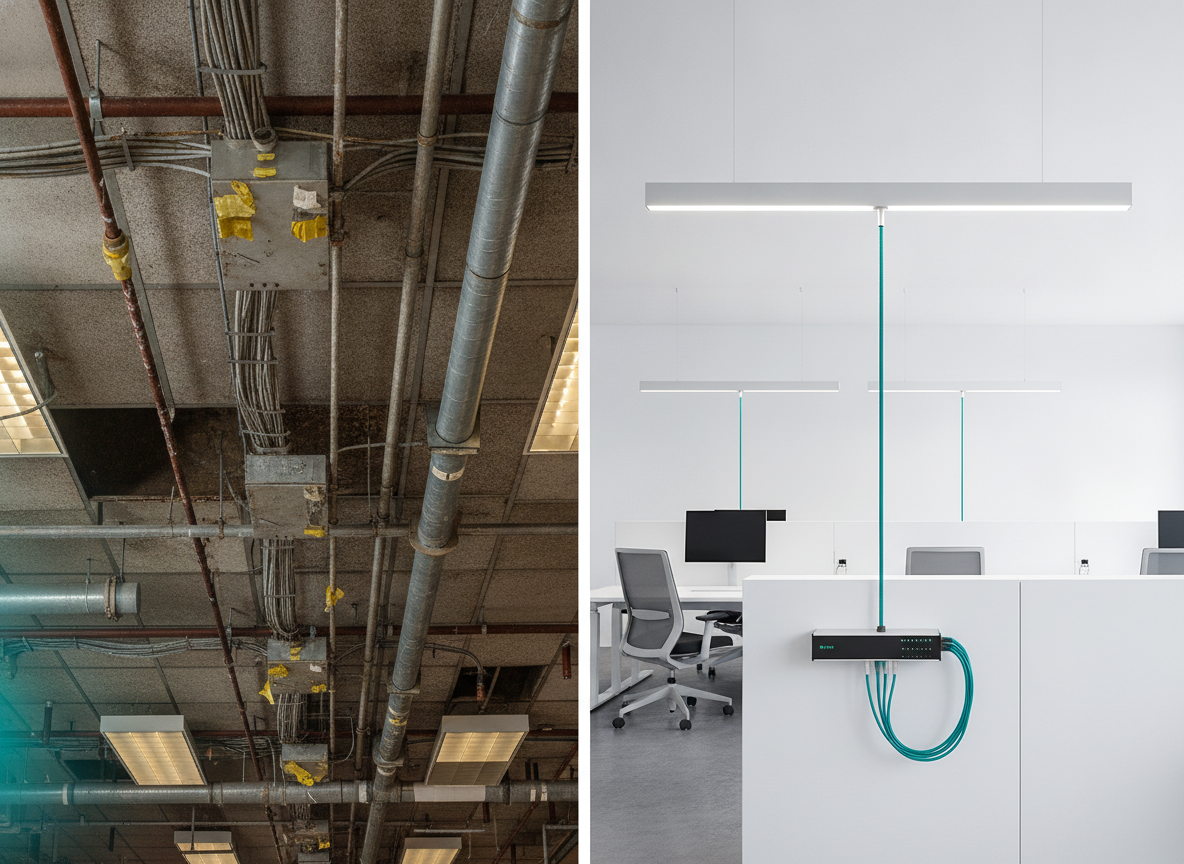 PoE lighting system with network switch and luminaires in modern office