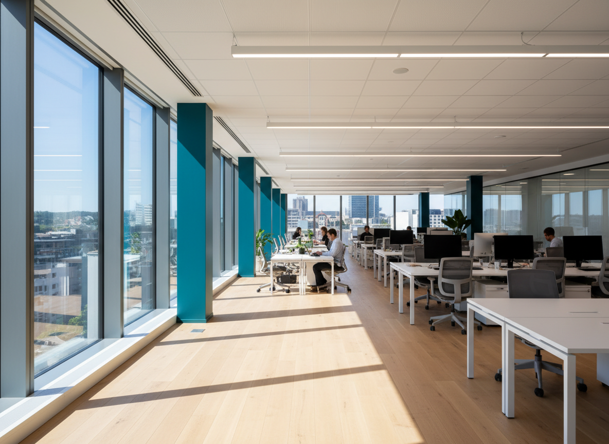 Sun-drenched open-plan office with active daylight harvesting