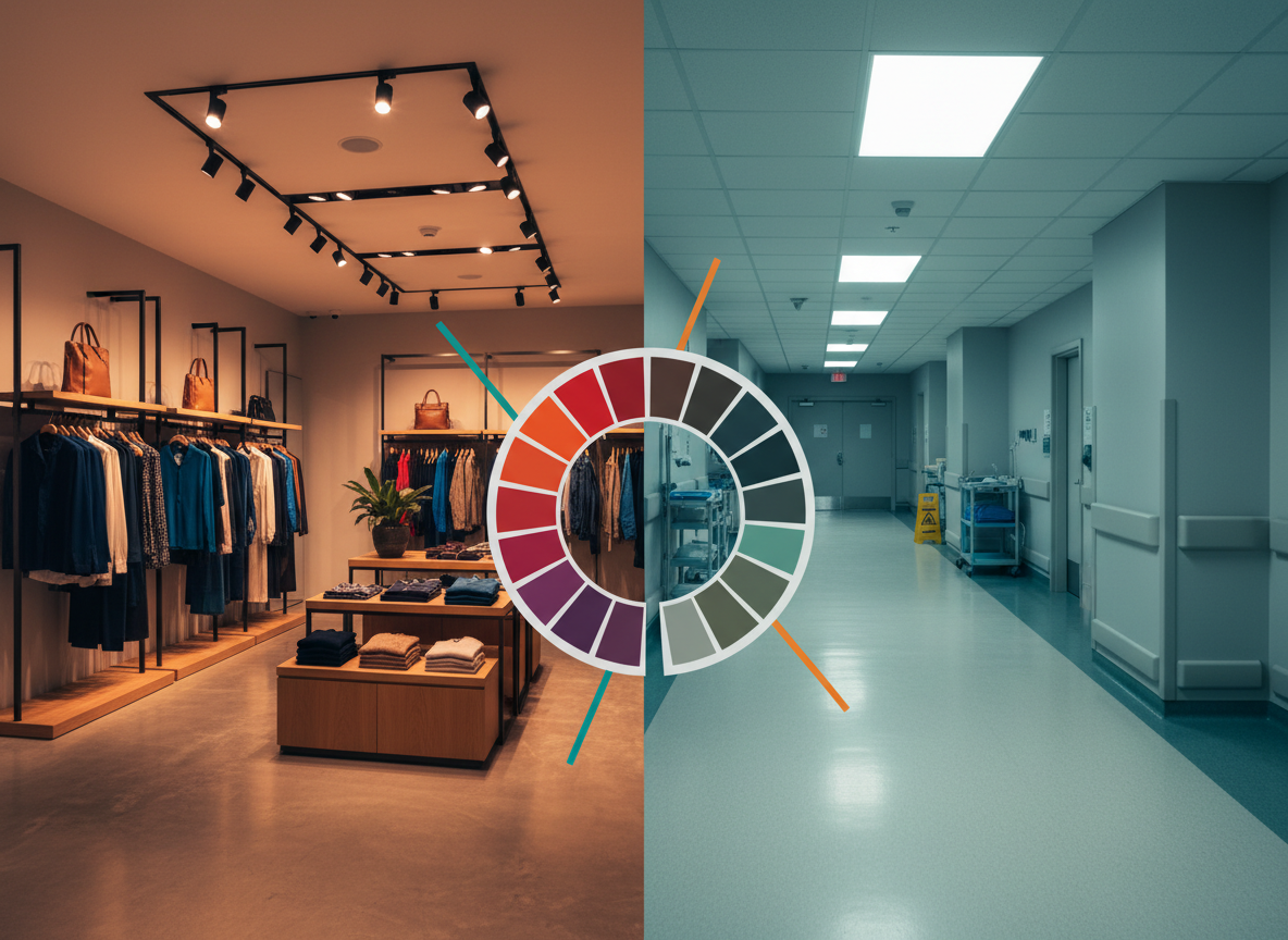 TM-30 vs CRI color rendering comparison — retail showroom and hospital corridor side by side