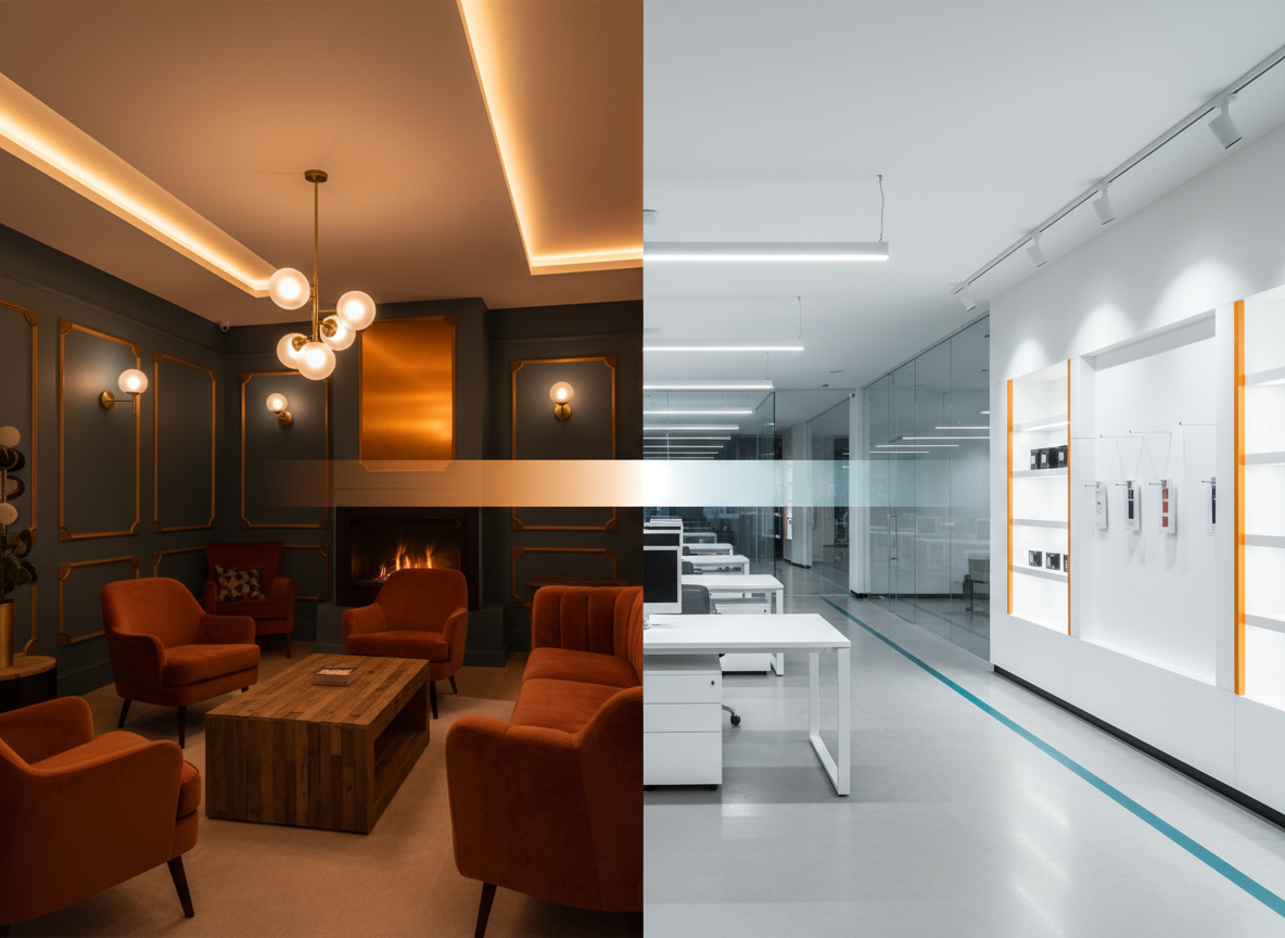 Split-scene showing warm 2700K hospitality lighting on the left and cool 5000K office lighting on the right, with a Kelvin gradient bridging both