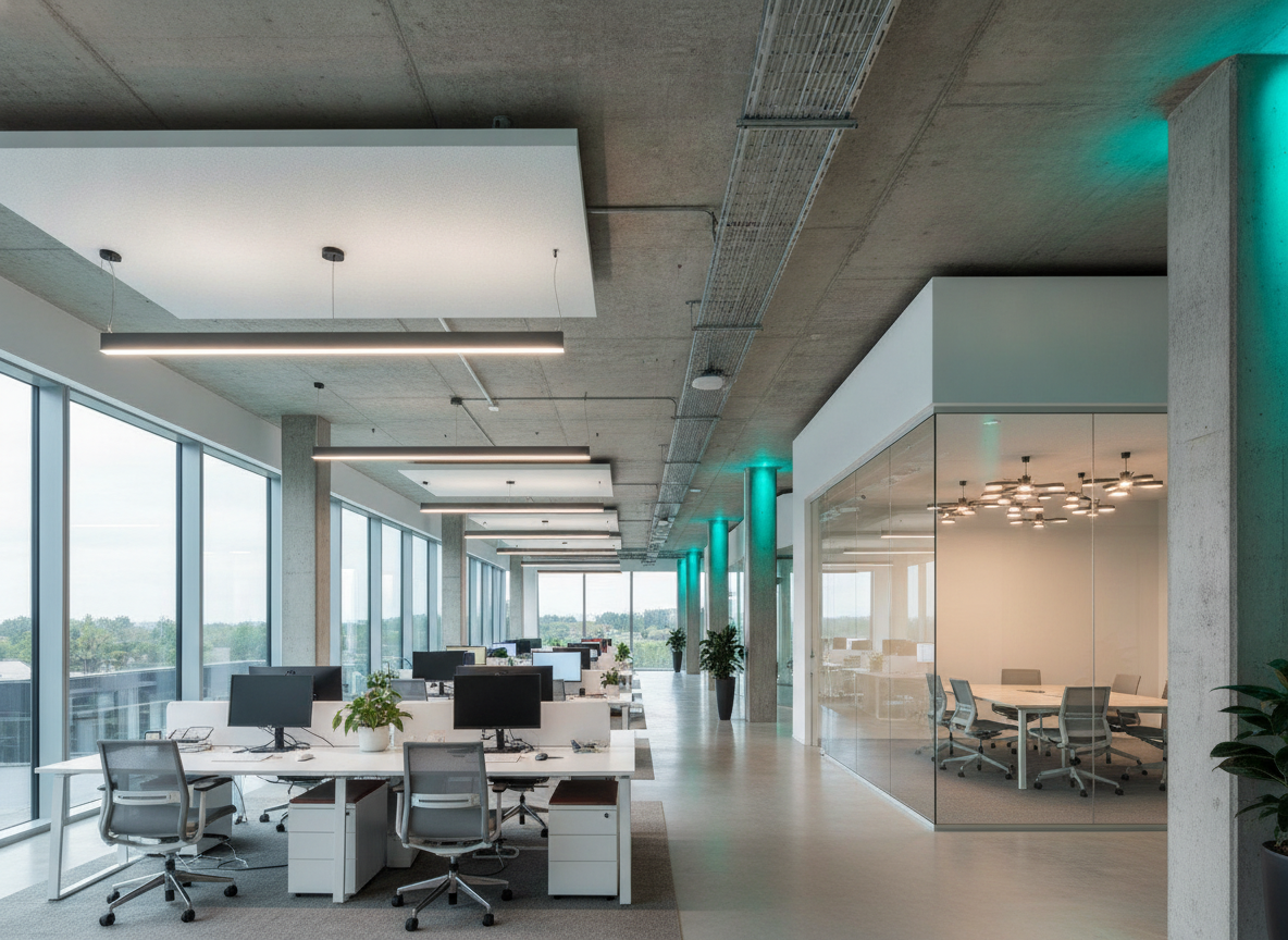 Commercial open-plan office with clearly differentiated lighting control zones