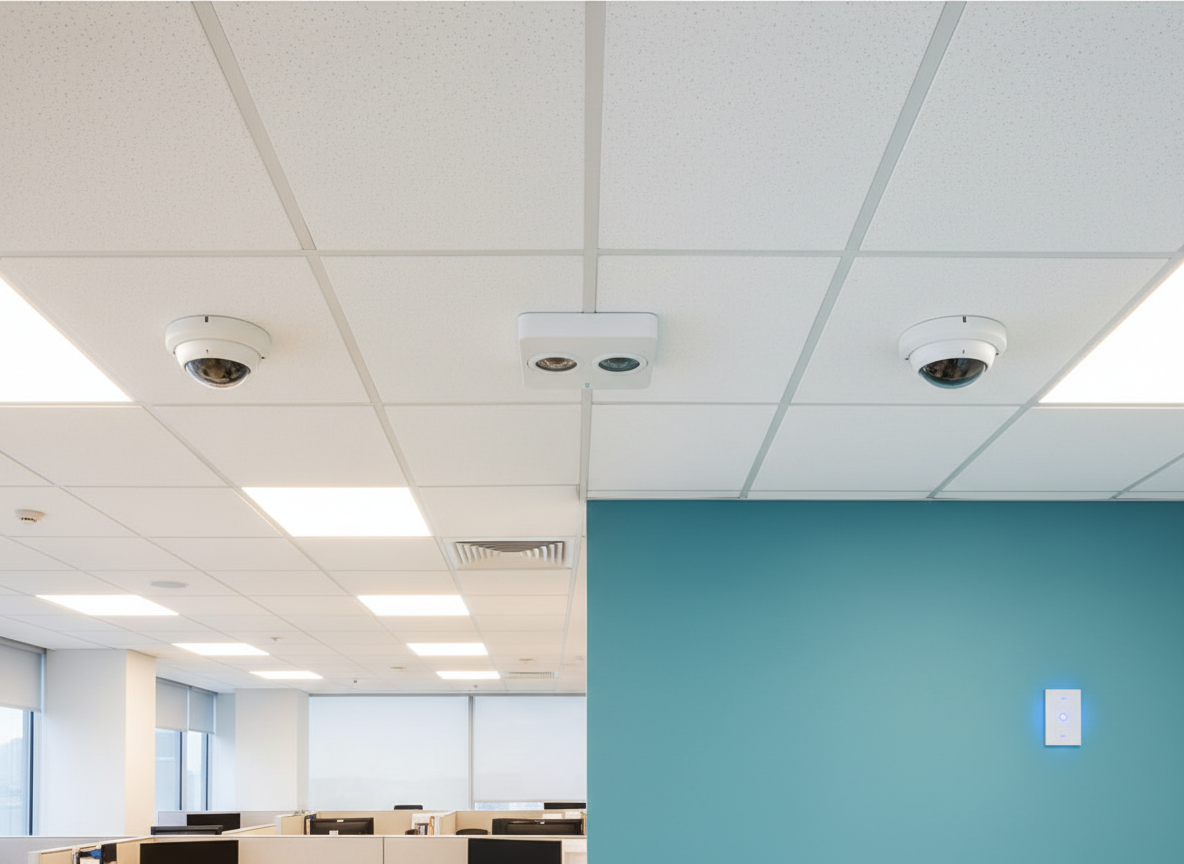 Ceiling-mounted occupancy and vacancy sensors in commercial office