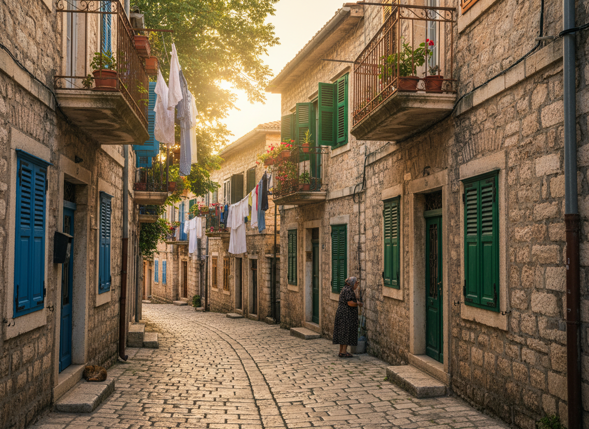 A narrow cobblestone street in Vlorë, Albania