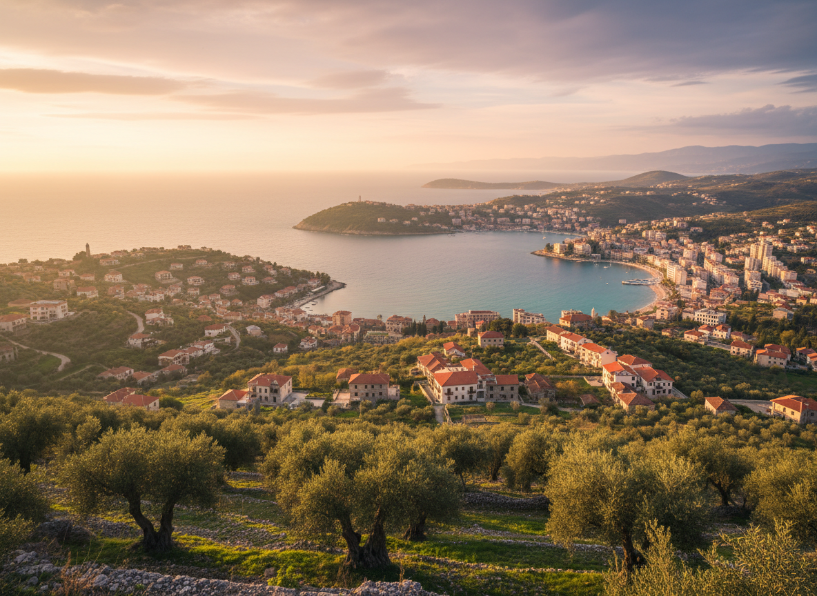 The coastal city of Vlorë, Albania at golden hour
