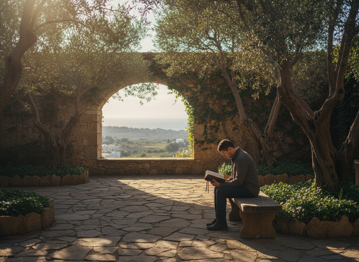 A person in quiet prayer and reflection in a peaceful garden courtyard