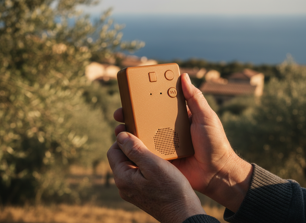 Hands holding a handheld audio Bible device