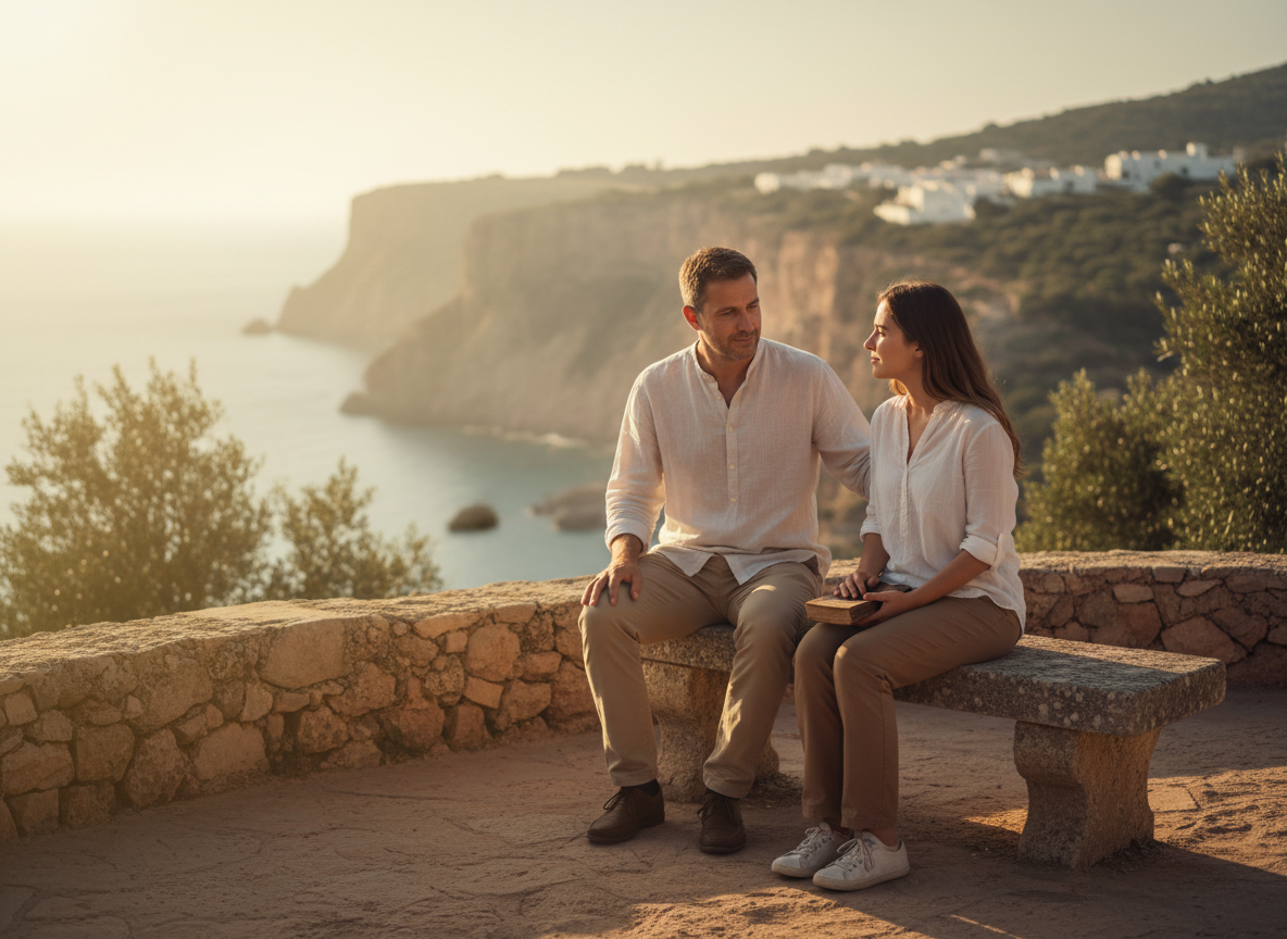 Two people in quiet pastoral conversation overlooking a Mediterranean landscape at golden hour