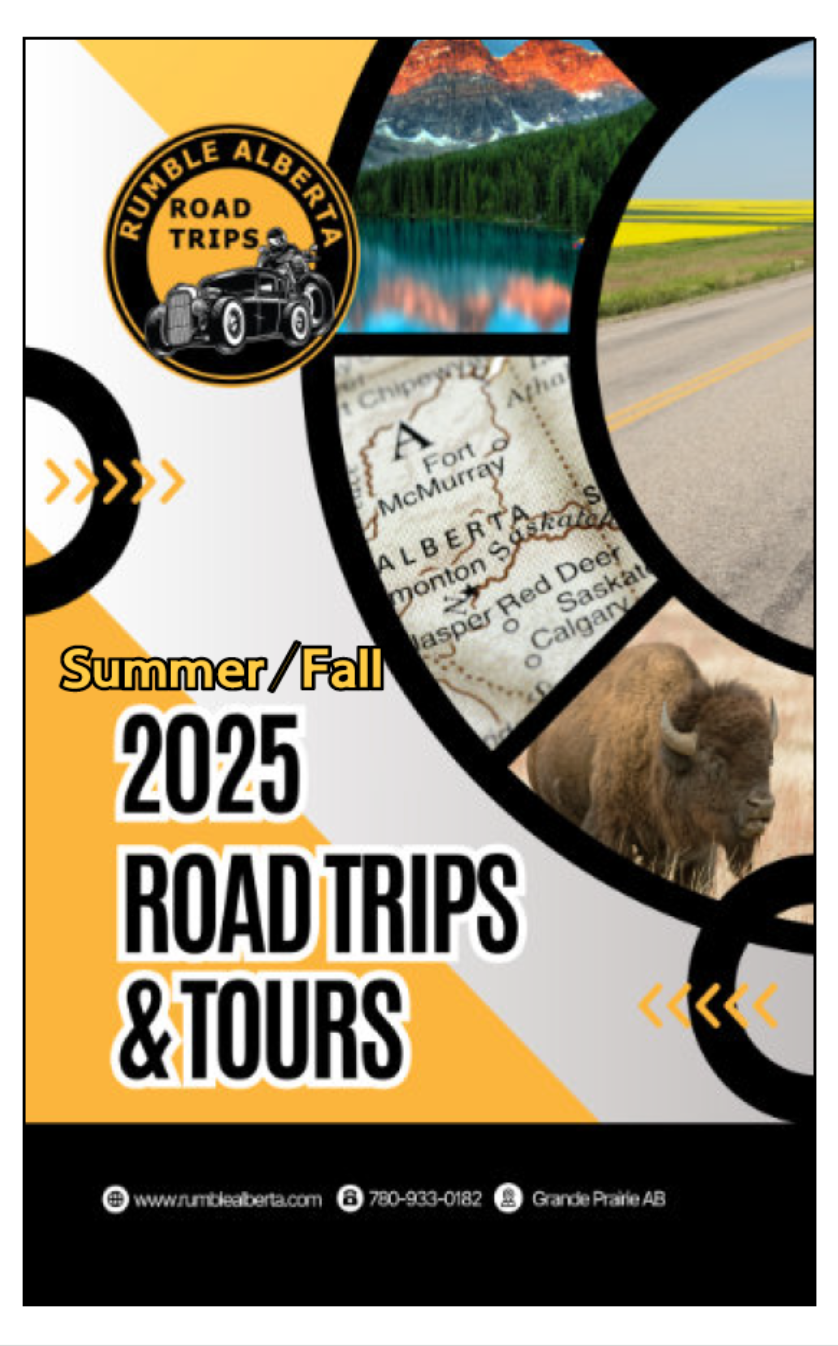 Rumble Alberta Road Trips and Tours Summer/Fall 2025 guidebook cover featuring Alberta landscapes and touring routes