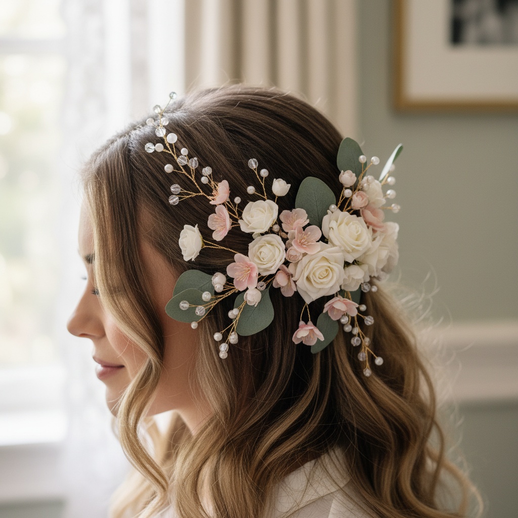 Delicate floral bridal hair accessories with soft natural light, elegant and modern style