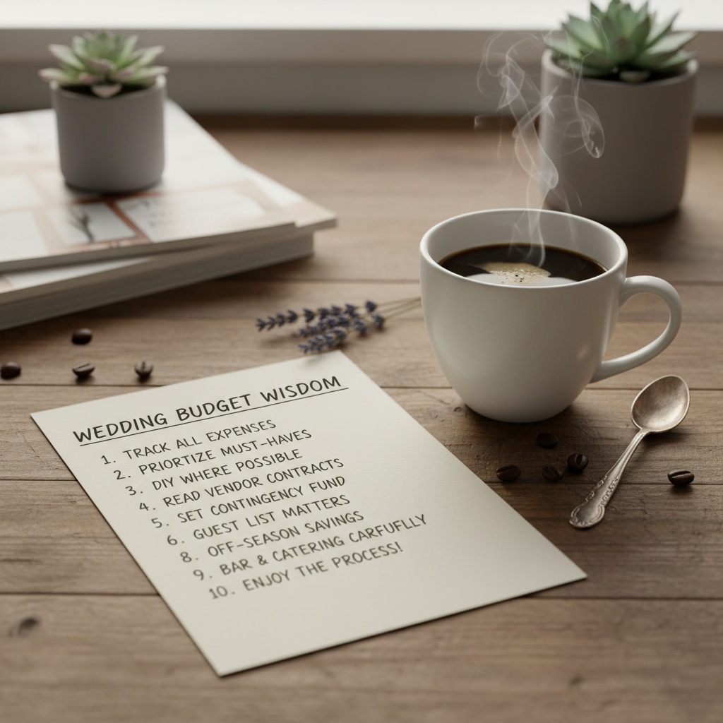 A refined checklist of luxury wedding budgeting tips displayed on a marble countertop with a designer pen. Wedding budget tips for high-end clients.